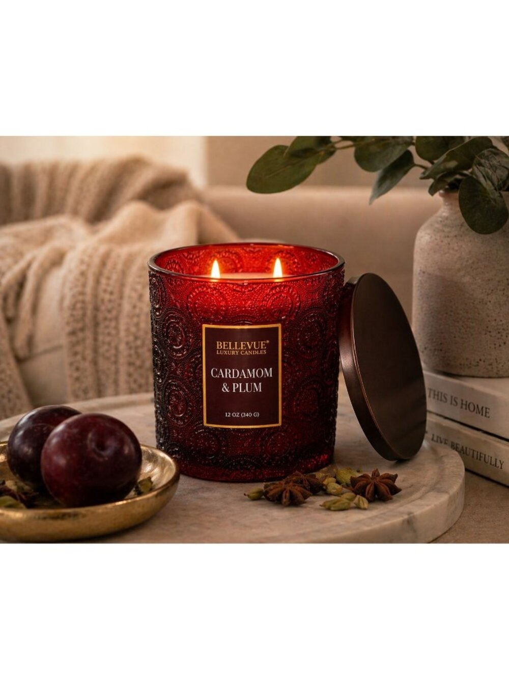 Bellevue Luxury 2-Wick Candle Cardamom & Plum 12oz Decorative Glass Jar NEW - Picture 5 of 8